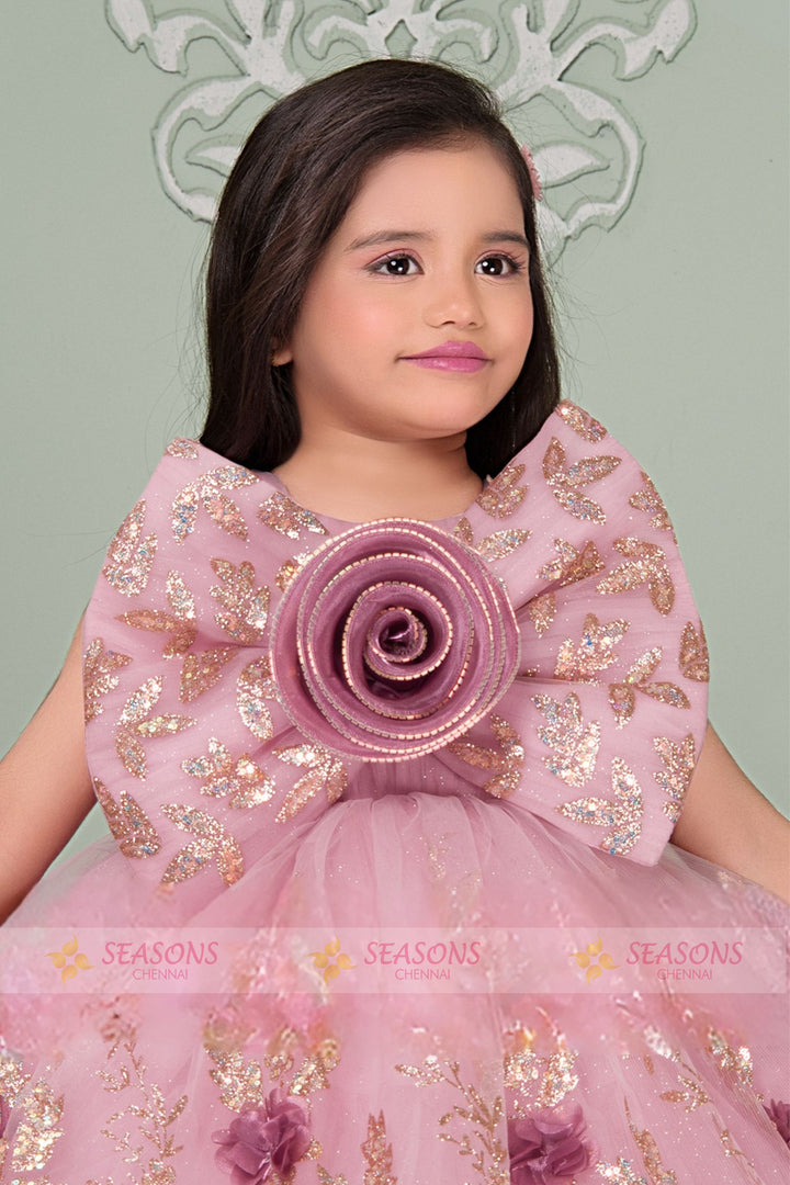 Baby Pink Sequins, Beads and Glitter work Short Partywear Frock for Girls