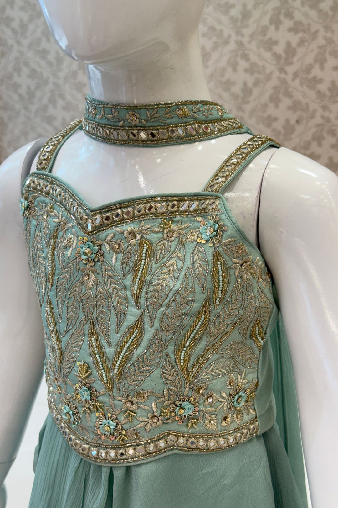 Sea Green Zari, Beads, Mirror and Zardozi work Palazzo Suit Set for Girls