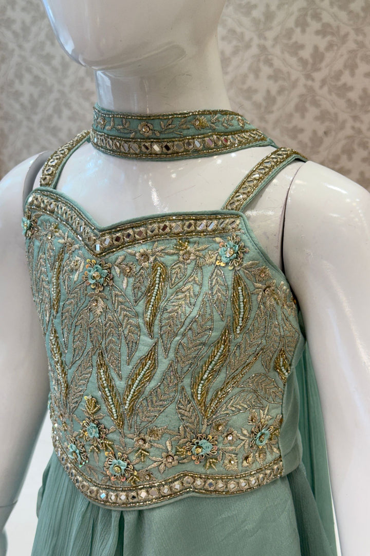 Sea Green Zari, Beads, Mirror and Zardozi work Palazzo Suit Set for Girls