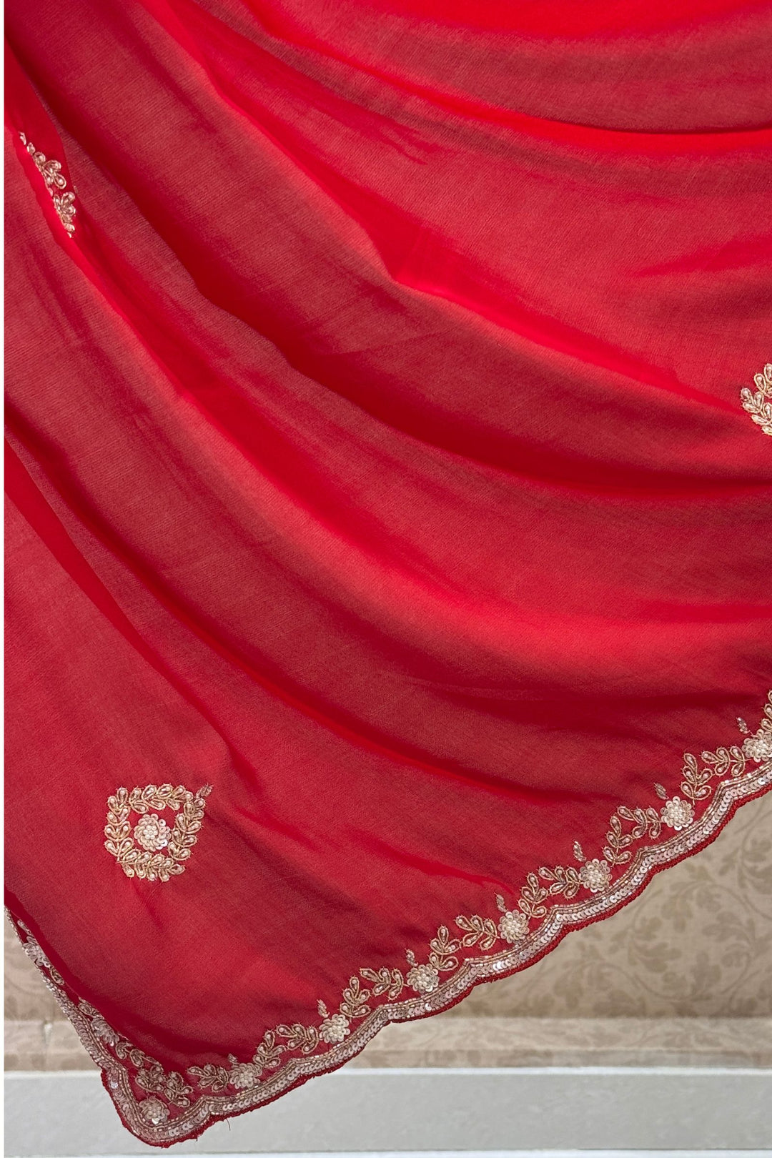 Red Satin Saree Featuring Exquisite Bead, Zardozi and Sequins