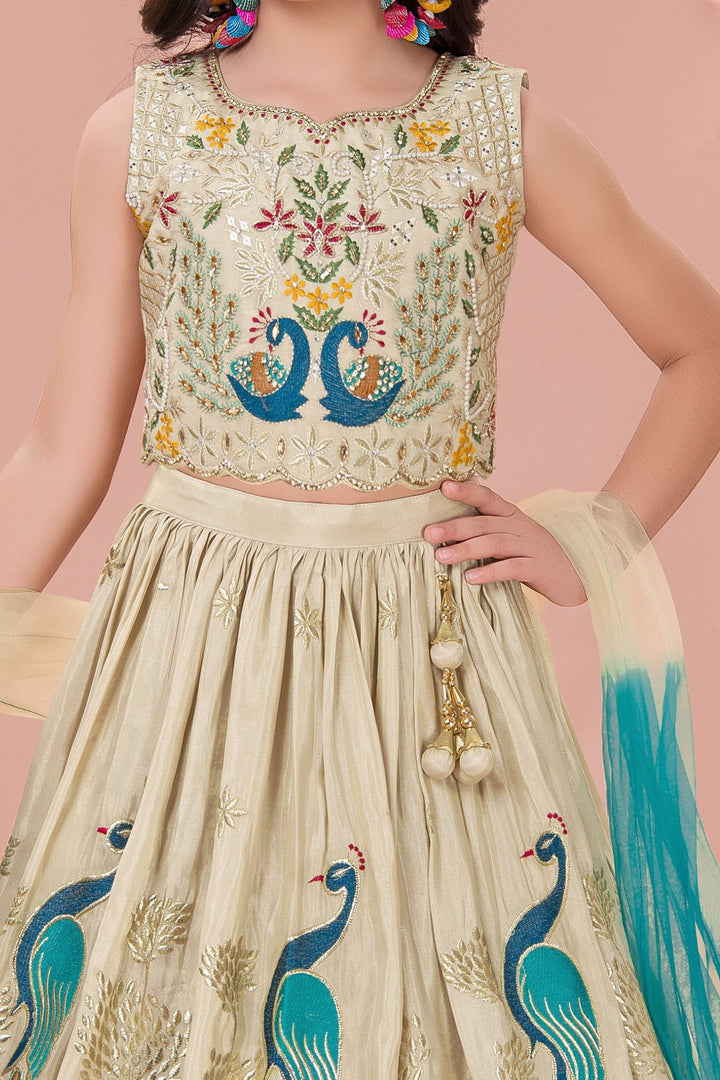 Cream Multicolor Embroidery, Sequins, Zari, Beads and Stone work Lehenga Choli for Girls