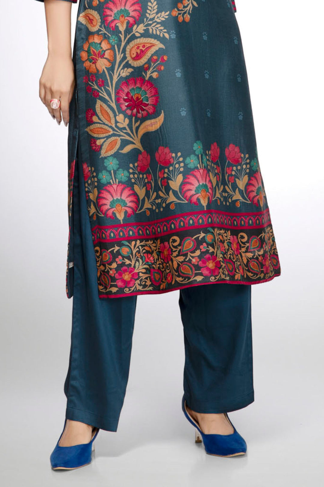 Teal Blue Beads and Mirror work with Floral Print Calf Length Kurti
