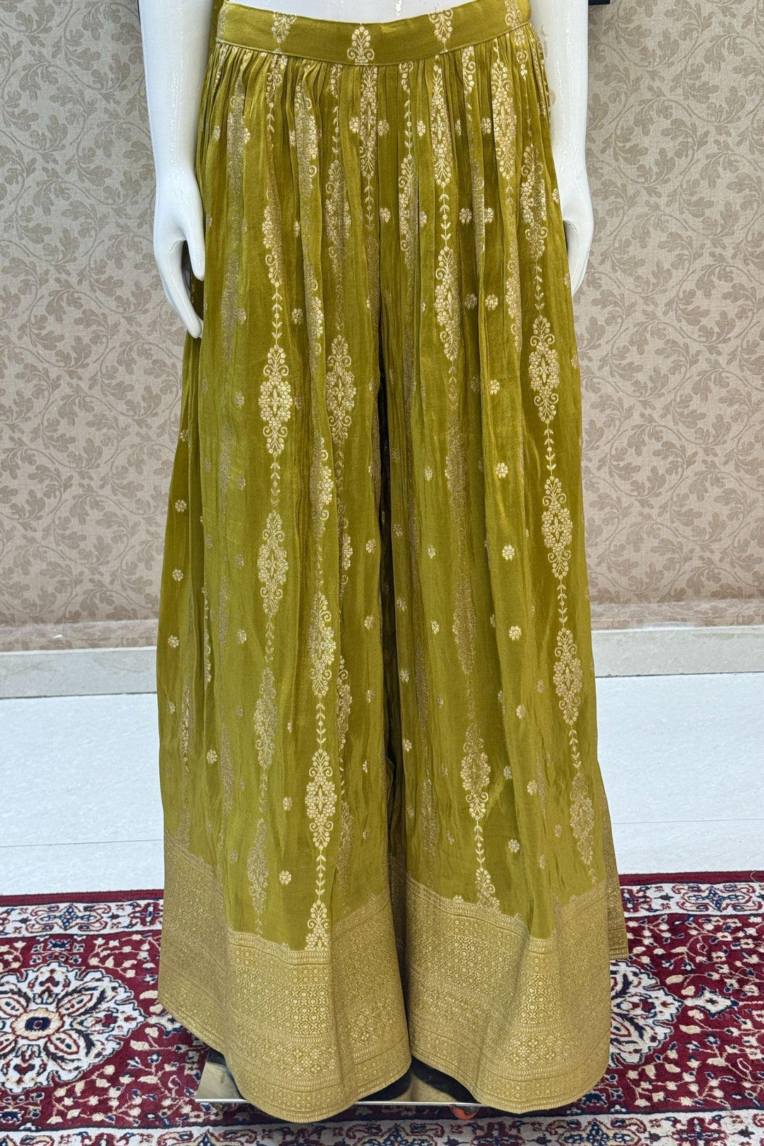 Olive Green Zardozi, Sequins, Banaras and Embroidery work Crop Top with Palazzo Pant