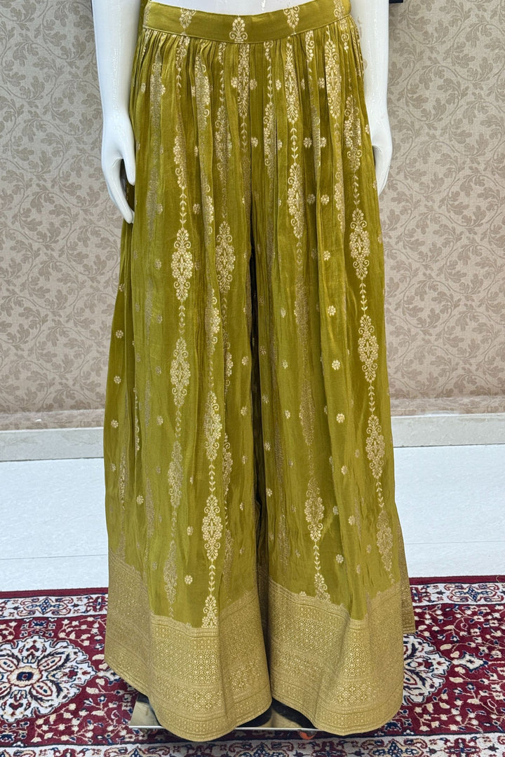Olive Green Zardozi, Sequins, Banaras and Embroidery work Crop Top with Palazzo Pant