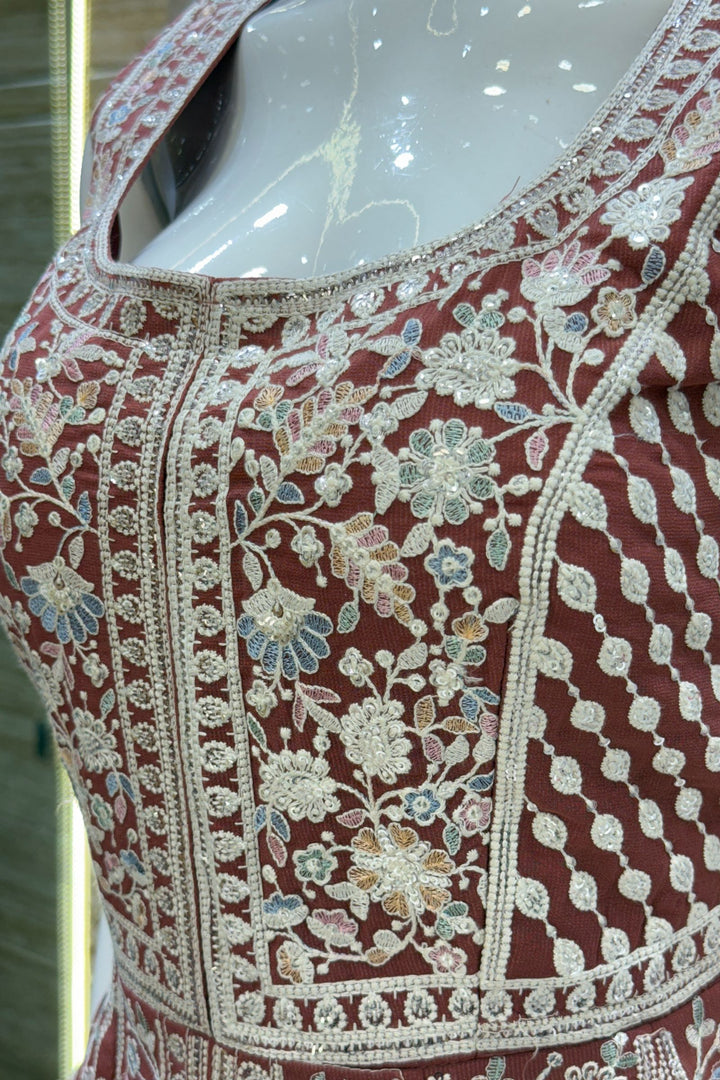 Brick Red Multicolor Embroidery and Sequins work Peplum Top with Palazzo Suit Set