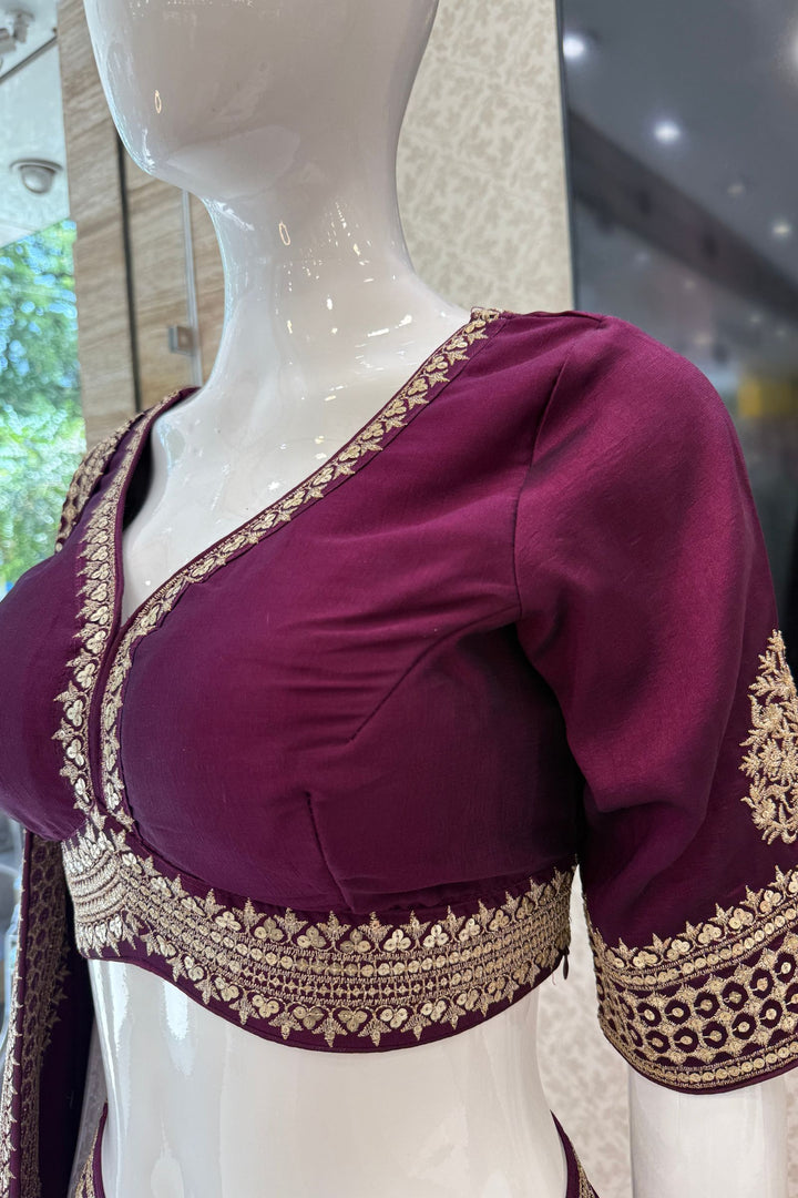 Wine Sequins and Zari work Crop Top Lehenga