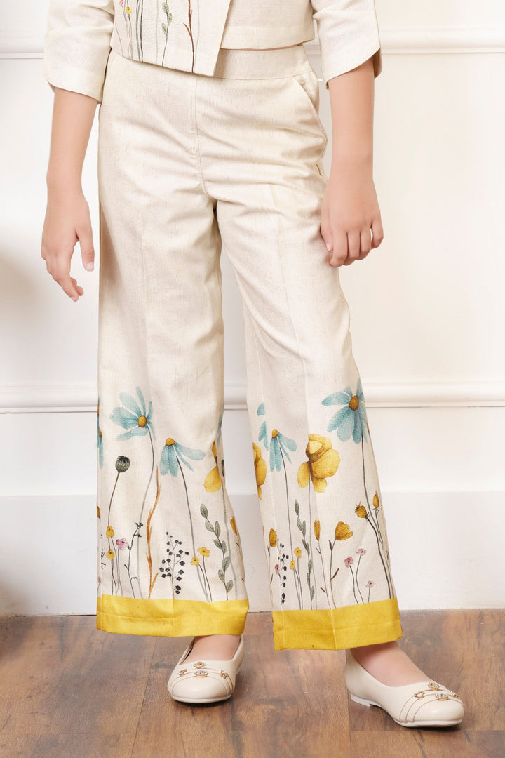 Beige with Multicolor Digital Print and Zari Weaving Co-ord Set for Girls