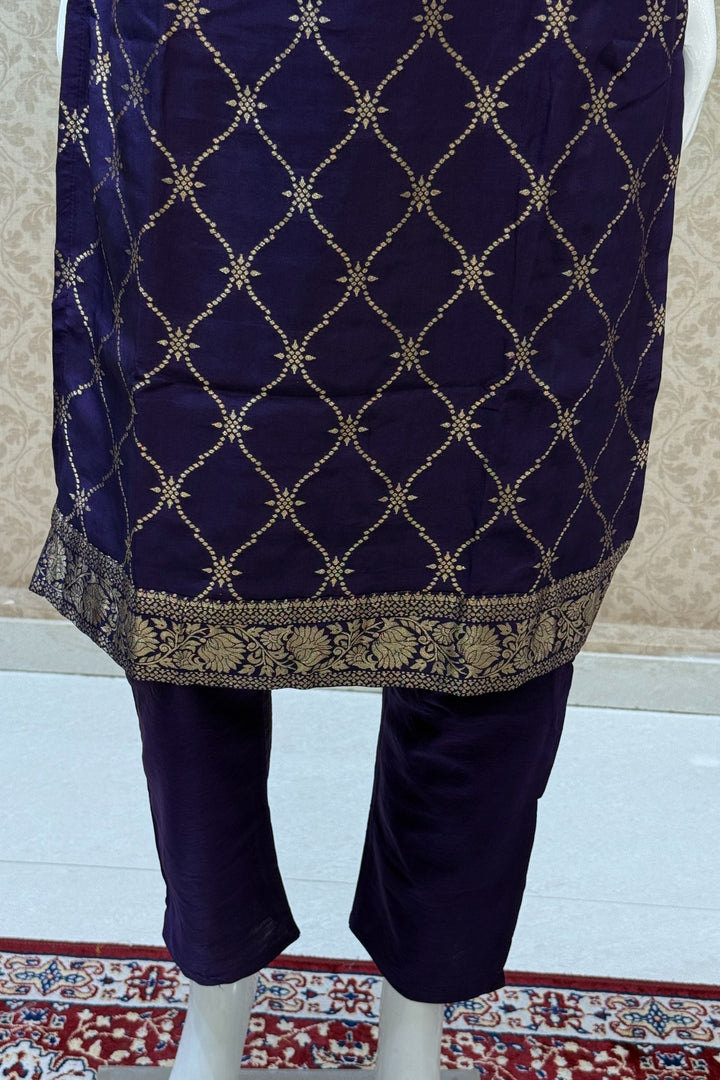 Purple Banaras, Mirror, Zardozi, Zari and Stone work Straight Cut Salwar Suit