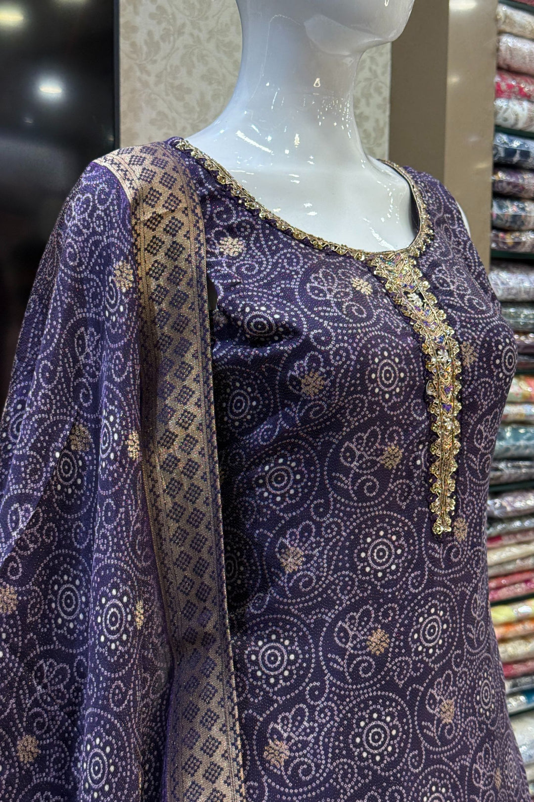 Purple Zari Weaving and Banaras work with Bandini Print Straight Cut Salwar Suit