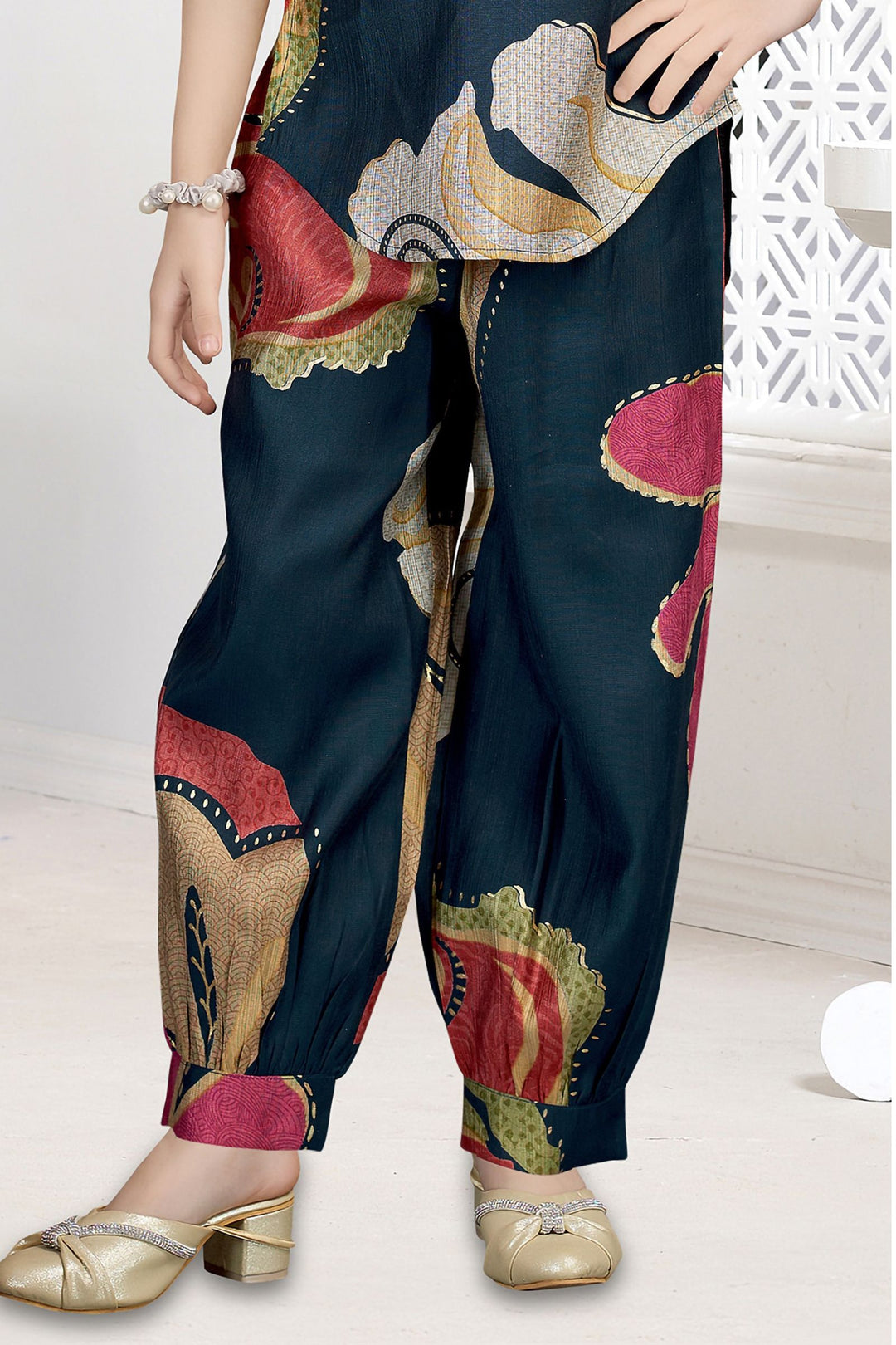 Peacock Blue Multicolor Digital Print and Beads work Joggers Set for Girls