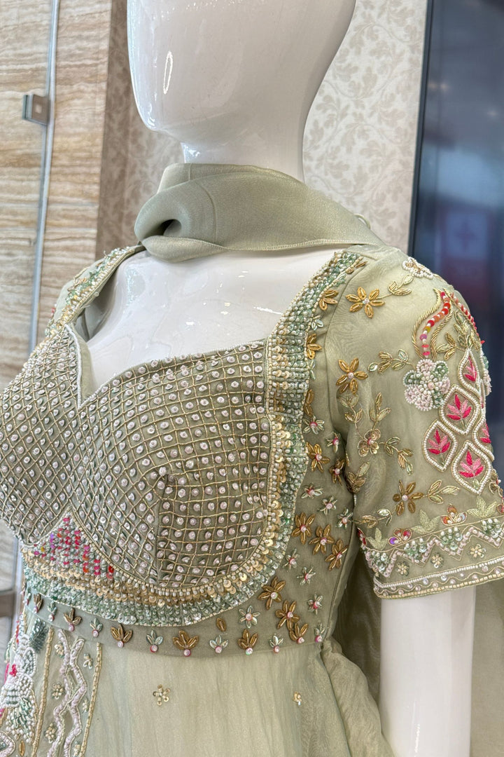 Sea Green Beads, Zardozi, Sequins and Multicolor Thread work Peplum Style Lehenga