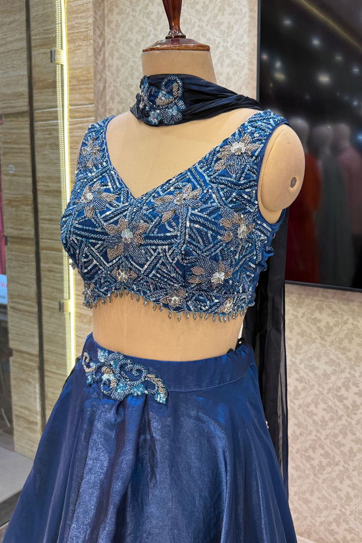 Peacock Blue Mirror, Beads and Sequins work Crop Top Lehenga