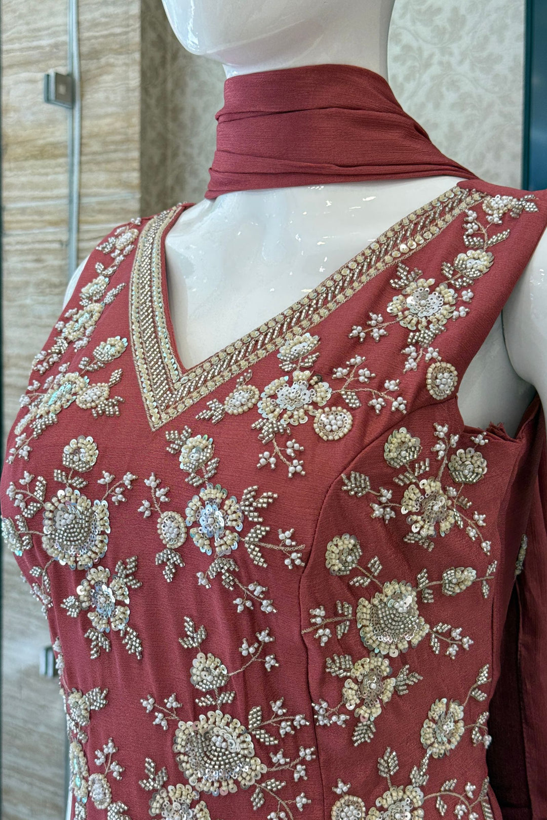 Rust Beads, Zari and Sequins work Palazzo Salwar Suit