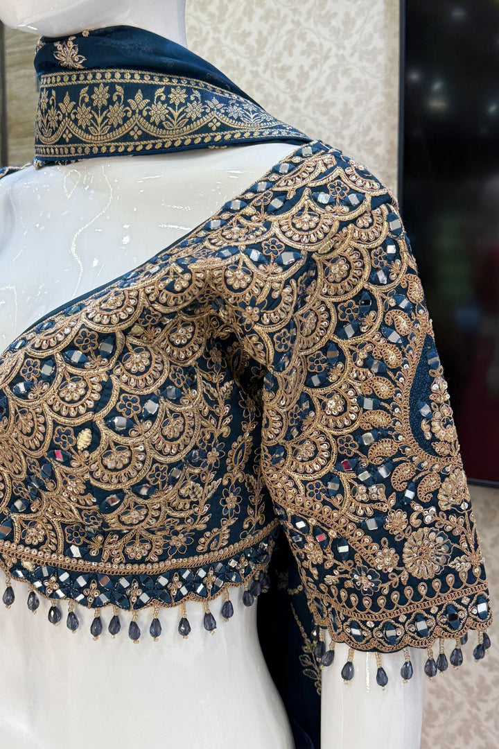 Peacock Blue Mirror, Beads, Zari, Sequins and Banaras work Crop Top Bridal Lehenga