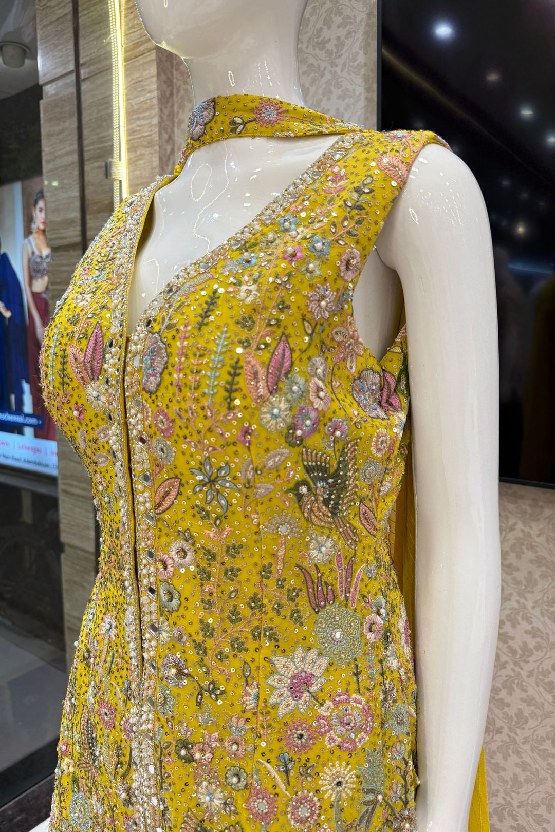 Yellow Multicolor Embroidery, Sequins, Pearl, Stone and Mirror work Salwar with Palazzo Pant