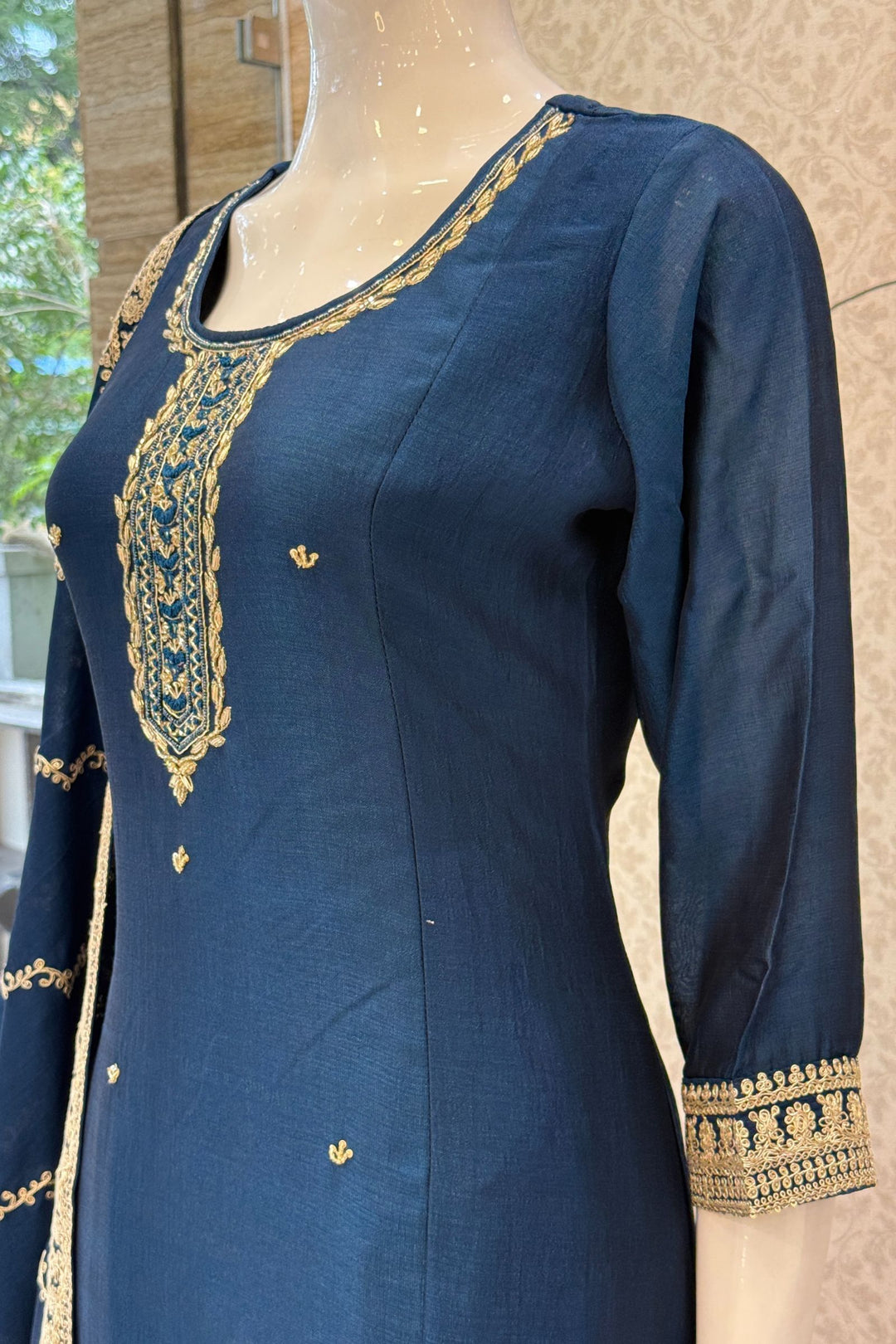 Peacock Blue Zardozi, Beads, Sequins, Thread and Zari work Aline Cut Salwar Suit