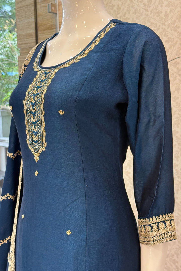 Peacock Blue Zardozi, Beads, Sequins, Thread and Zari work Aline Cut Salwar Suit