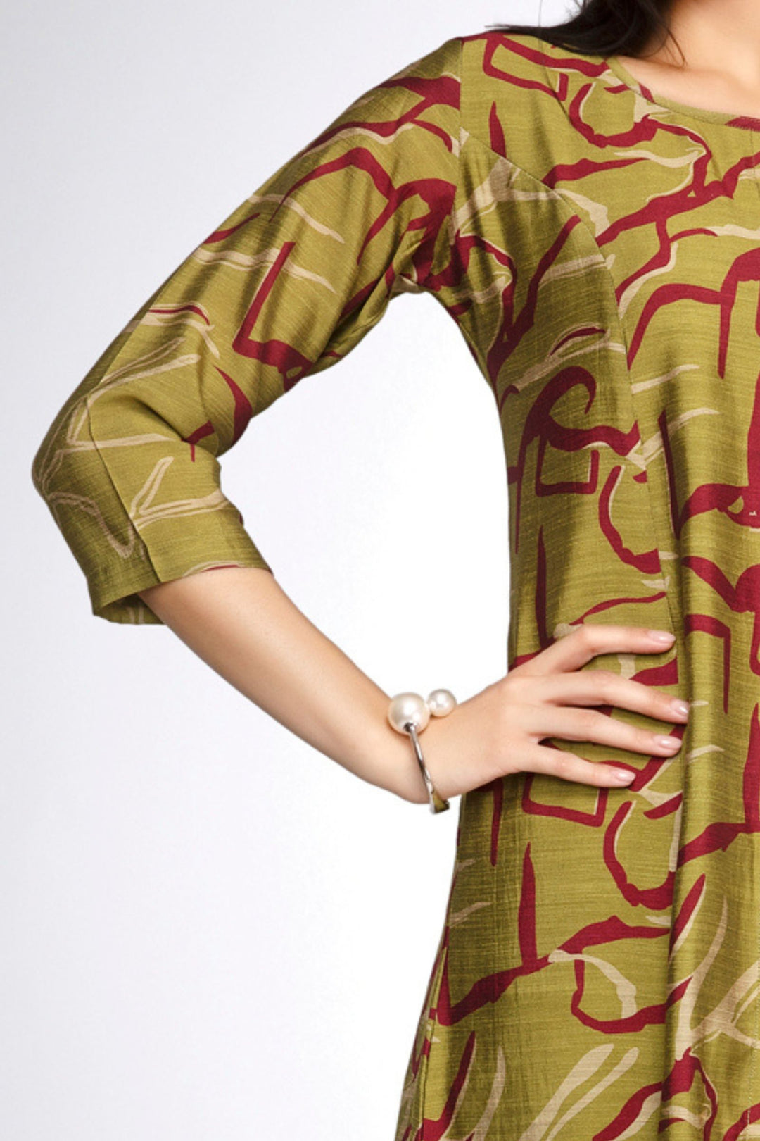 Mehendi Green Abstract Print A-Line Cut Calf Length Kurti