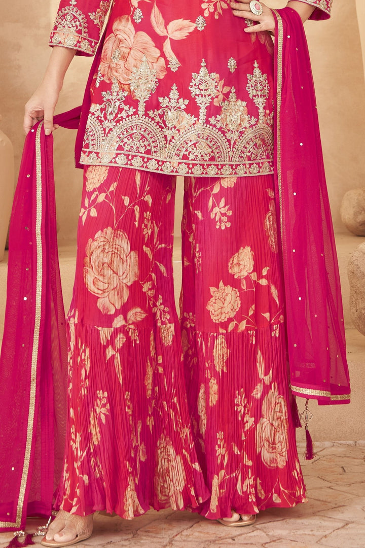 Pink with Orange Sequins and Zari work with Floral Print Sharara Salwar Suit