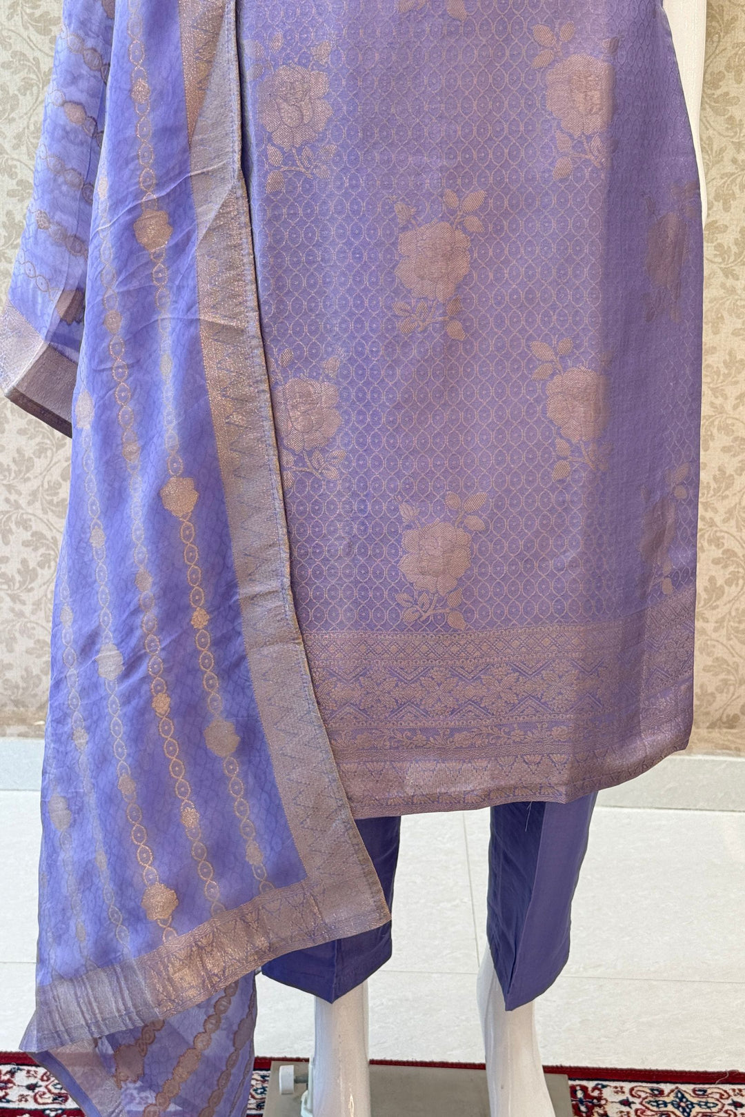 Lilac Banaras, Mirror, Zardozi, Beads, Stone and Sequins work Straight Cut Salwar Suit