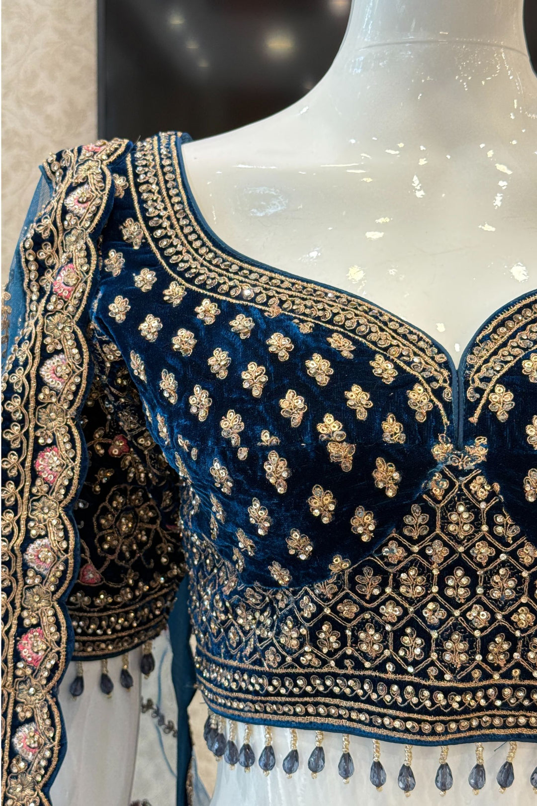 Peacock Blue Zardozi, Beads and Embroidery work Crop Top Designer Bridal Lehenga