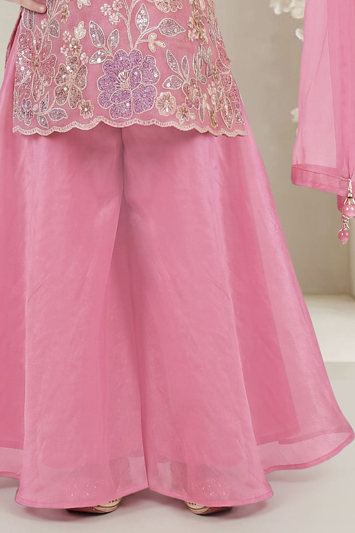Baby Pink Sequins, Zari and Thread work Palazzo Suit Set for Girls