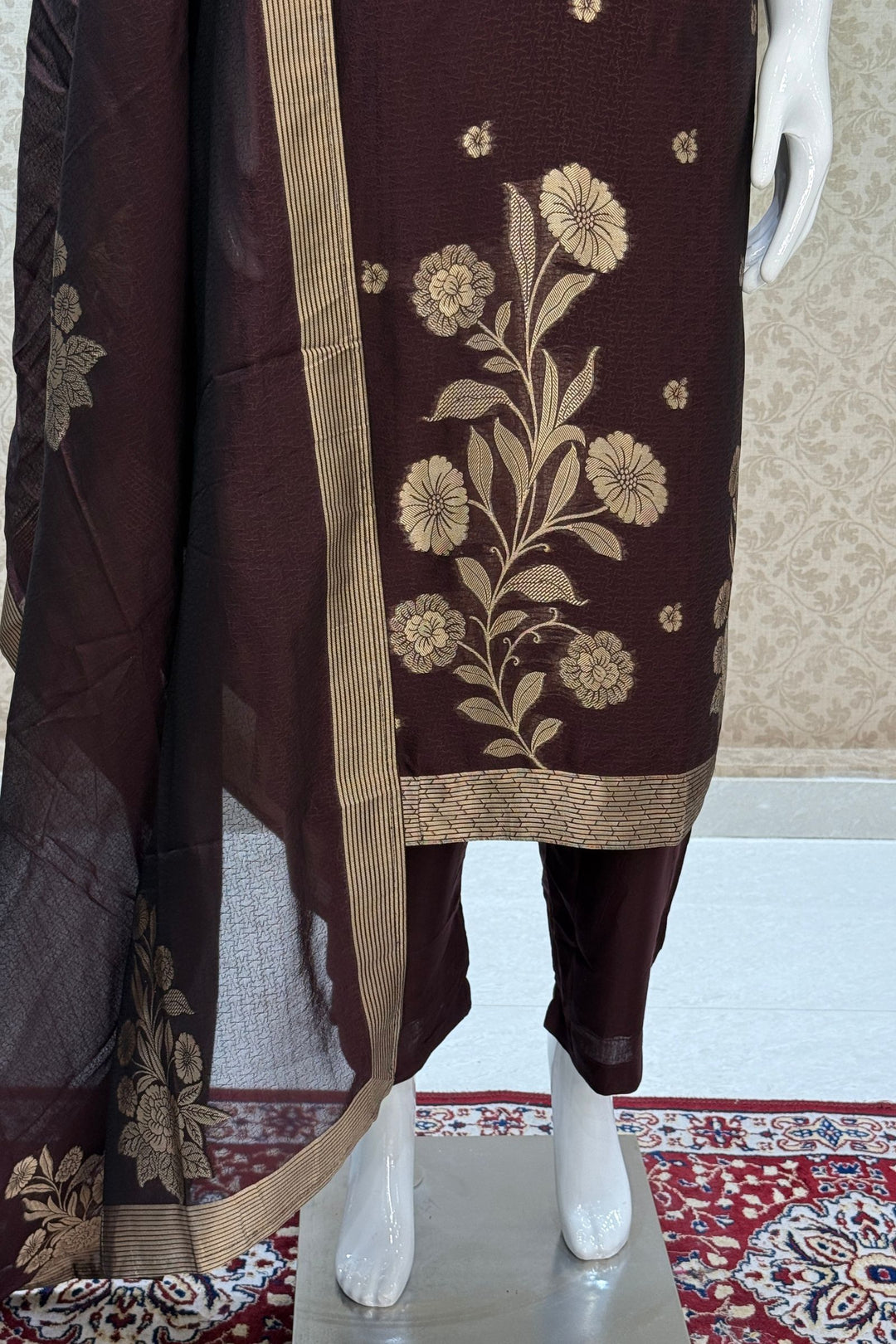 Brown Zardozi, Sequins, Beads and Banaras work Straight Cut Salwar Suit