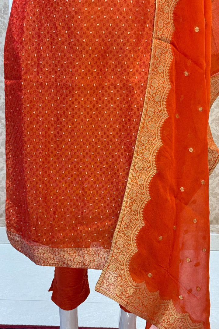 Orange Banaras, Zardozi, Mirror, Stone and Sequins work Straight Cut Salwar Suit