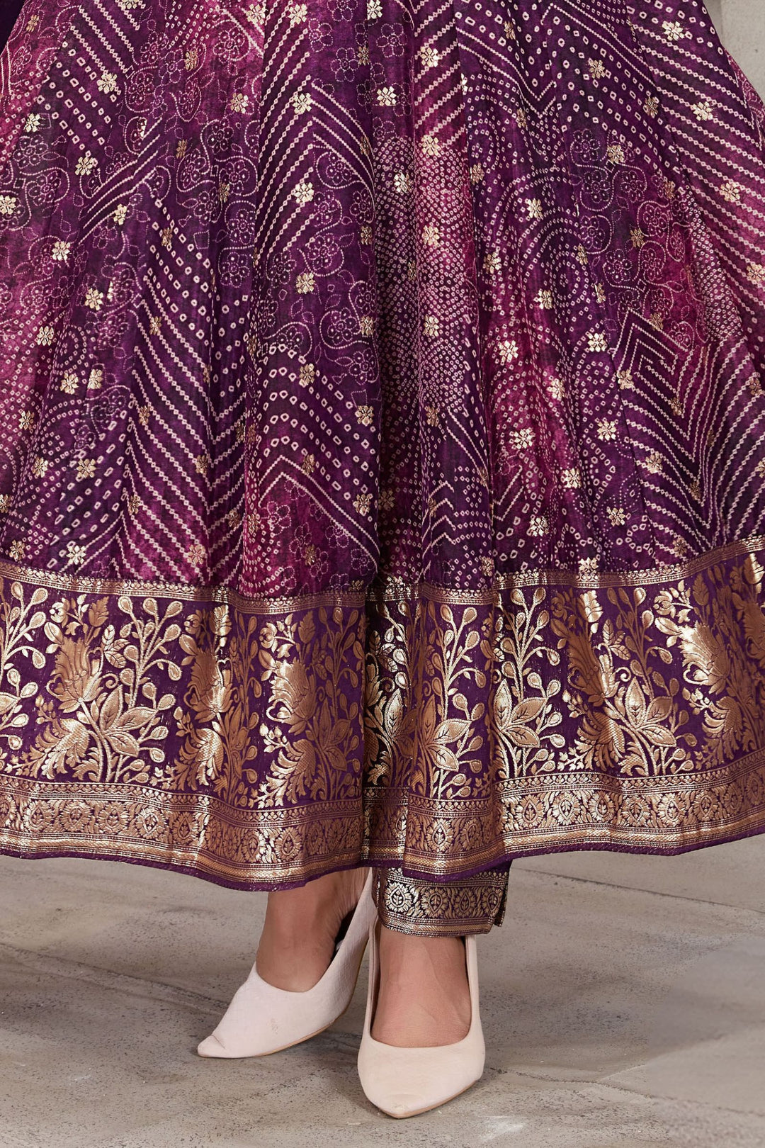 Purple Banaras, Zari, Zardozi and Mirror work with Bandini Print Anarkali Style Salwar