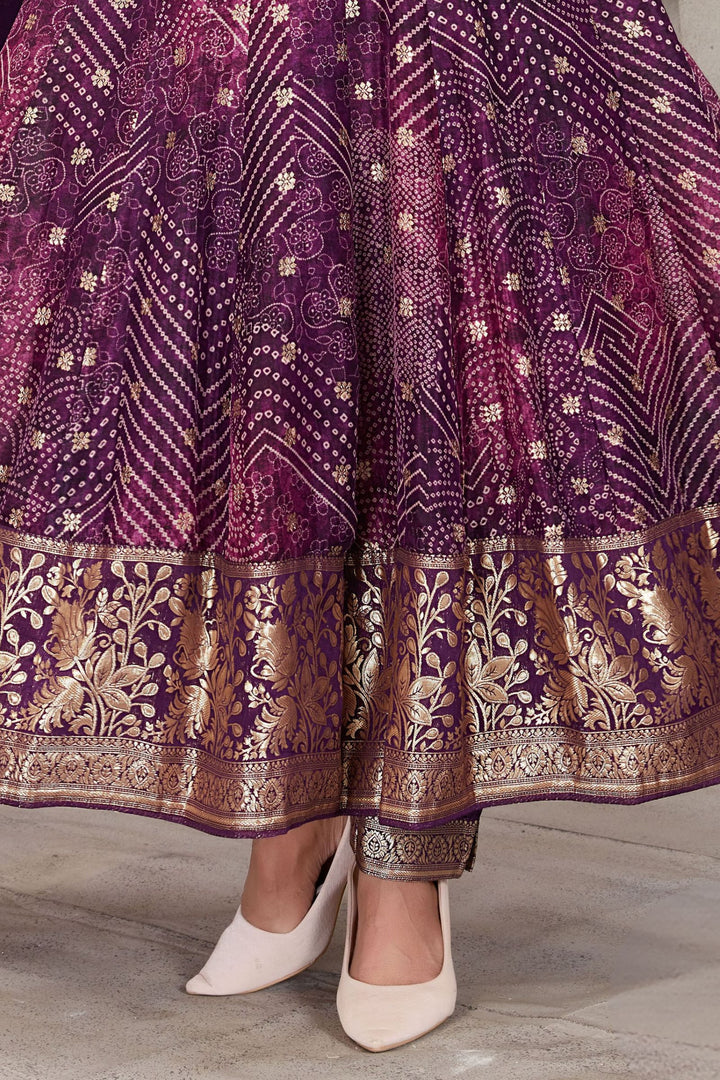 Purple Banaras, Zari, Zardozi and Mirror work with Bandini Print Anarkali Style Salwar
