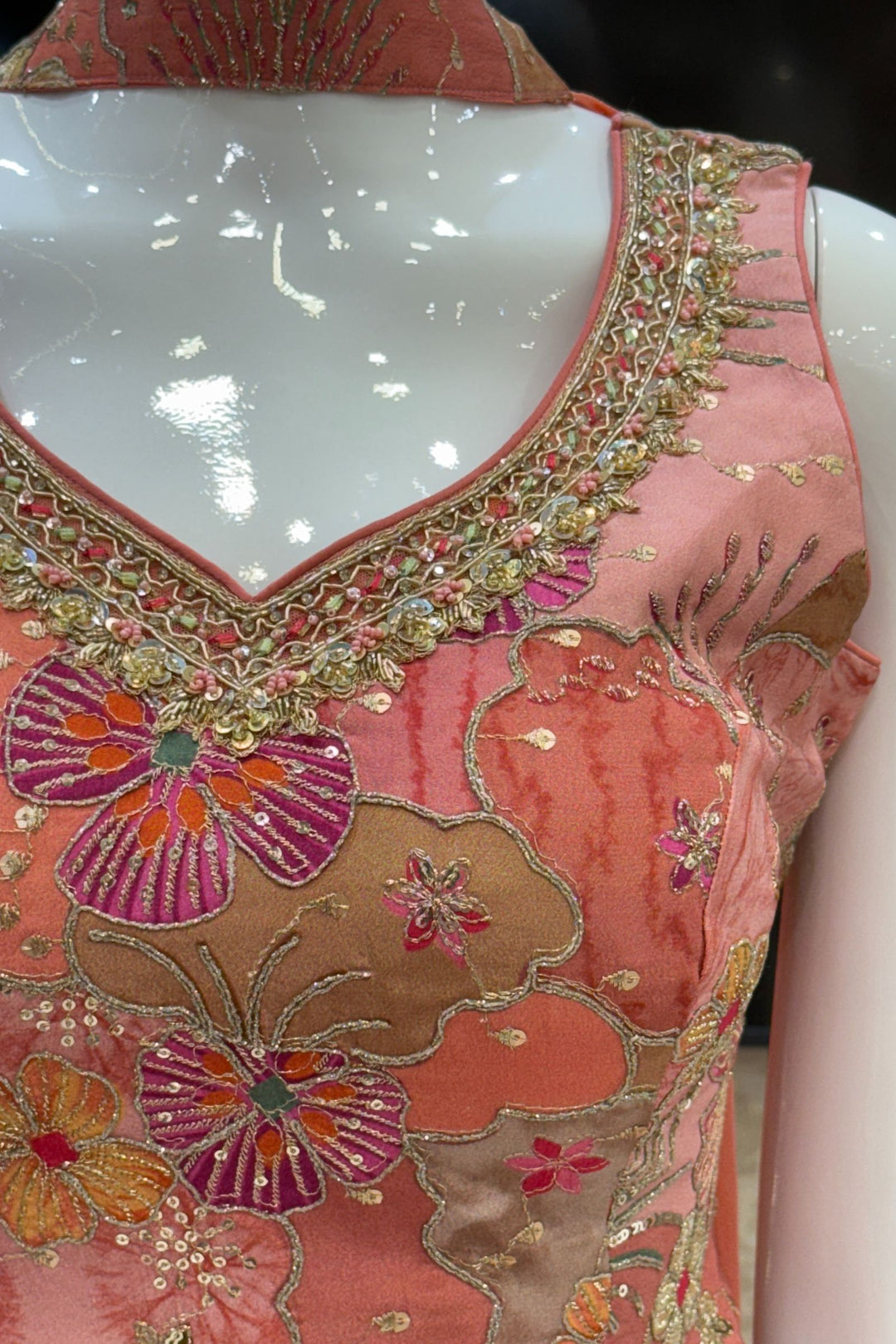 Peach Sequins, Zari, Zardozi and Stone work with Multicolor Digital Print Palazzo Suit Set