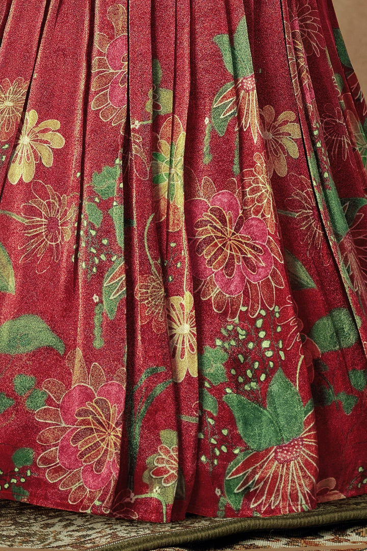 Maroon Mirror, Stone and Thread work with Digital Print Long Party Gown for Girls