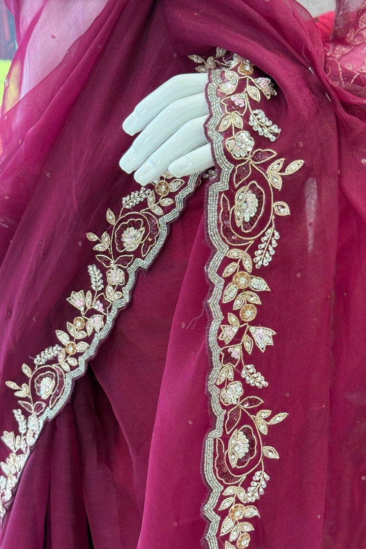 Wine Sequins, Beads, Stone and Pearl work Organza Saree with Designer V-Neck Blouse