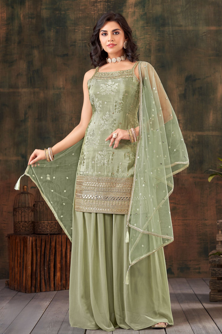 Sea Green Banaras, Sequins, Zari, Mirror, Stone and Beads work Palazzo Salwar Suit