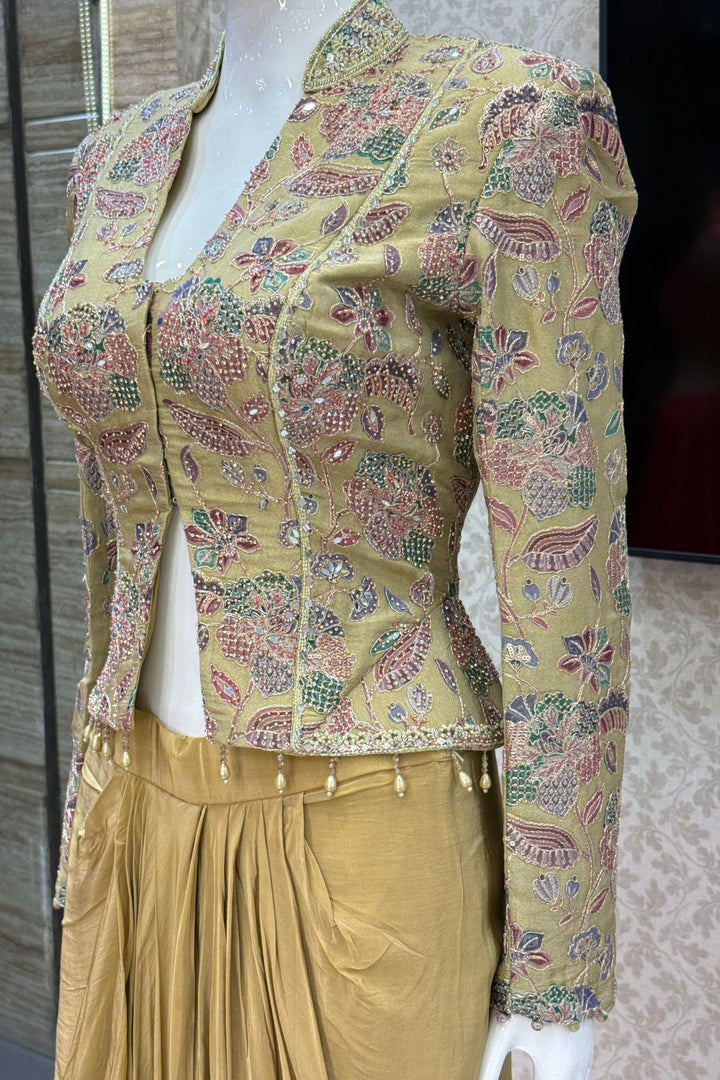 Green Beads, Zari and Sequins work with Floral Print Crop Top and Cowl Skirt