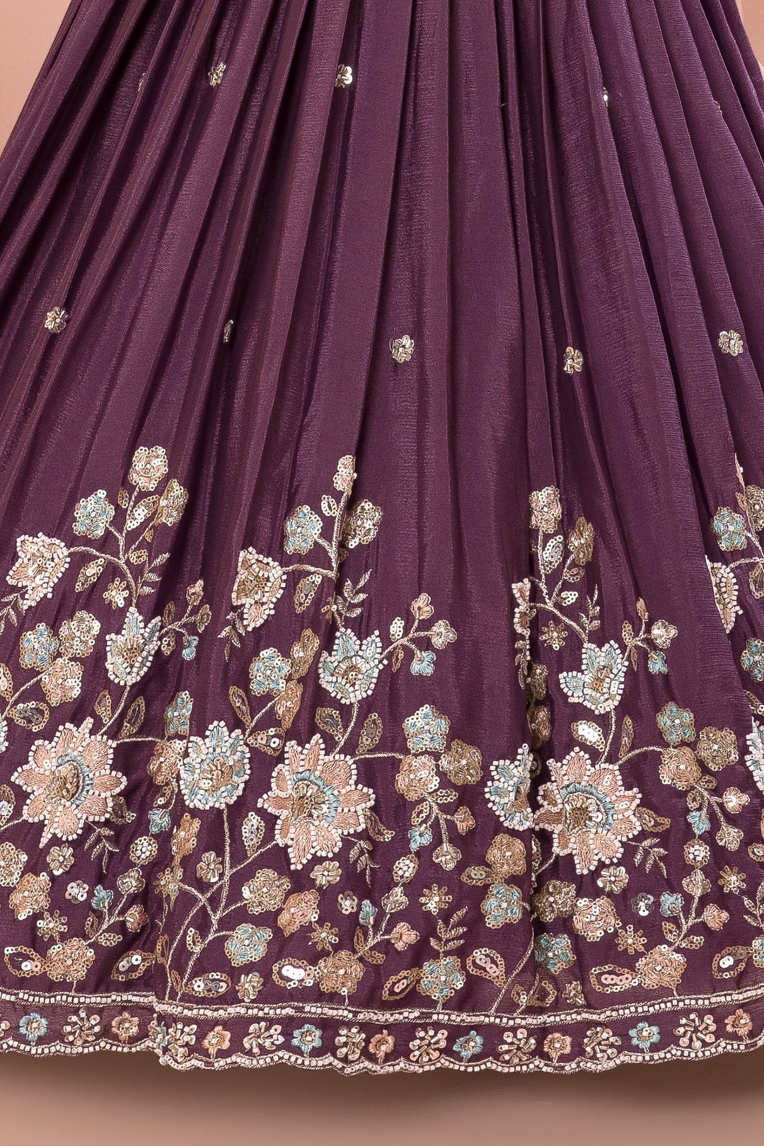 Purple Beads, Sequins, Zari, Mirror and Multicolor Thread work Long Party Gown for Girls