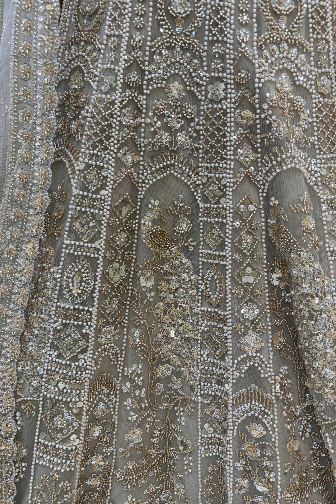 Beige Sequins, Pearl and Zari work Flared Lehenga Set with Peacock Motifs