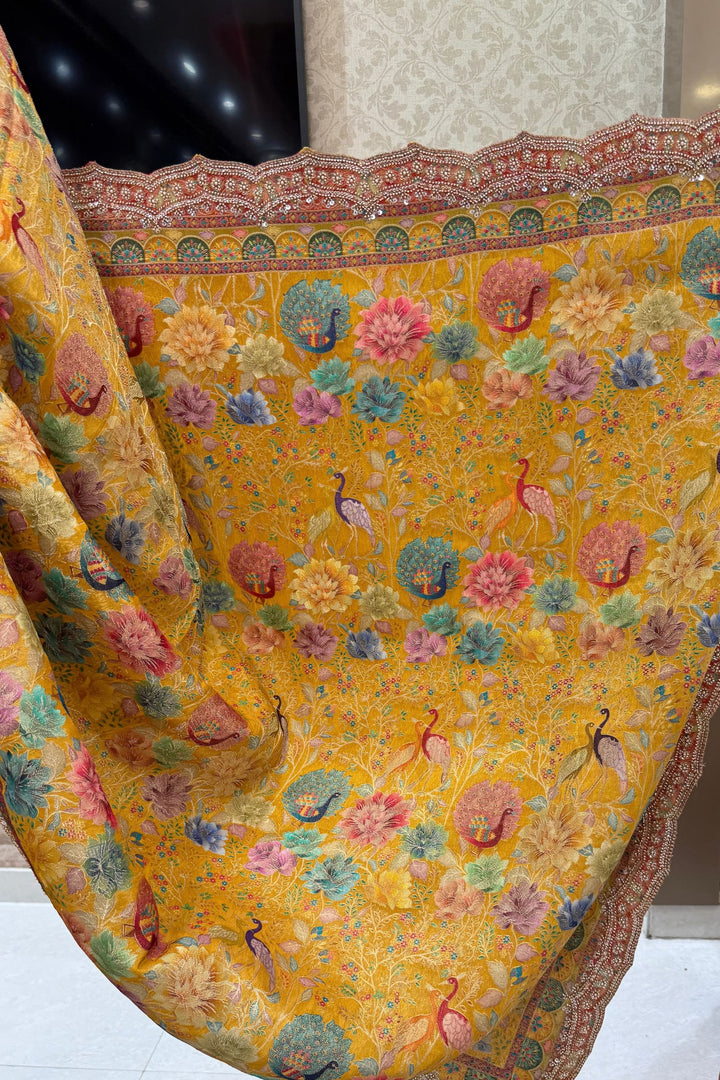 Mustard Saree Featuring Floral Banaras, Pearl, Beads and Sequins work