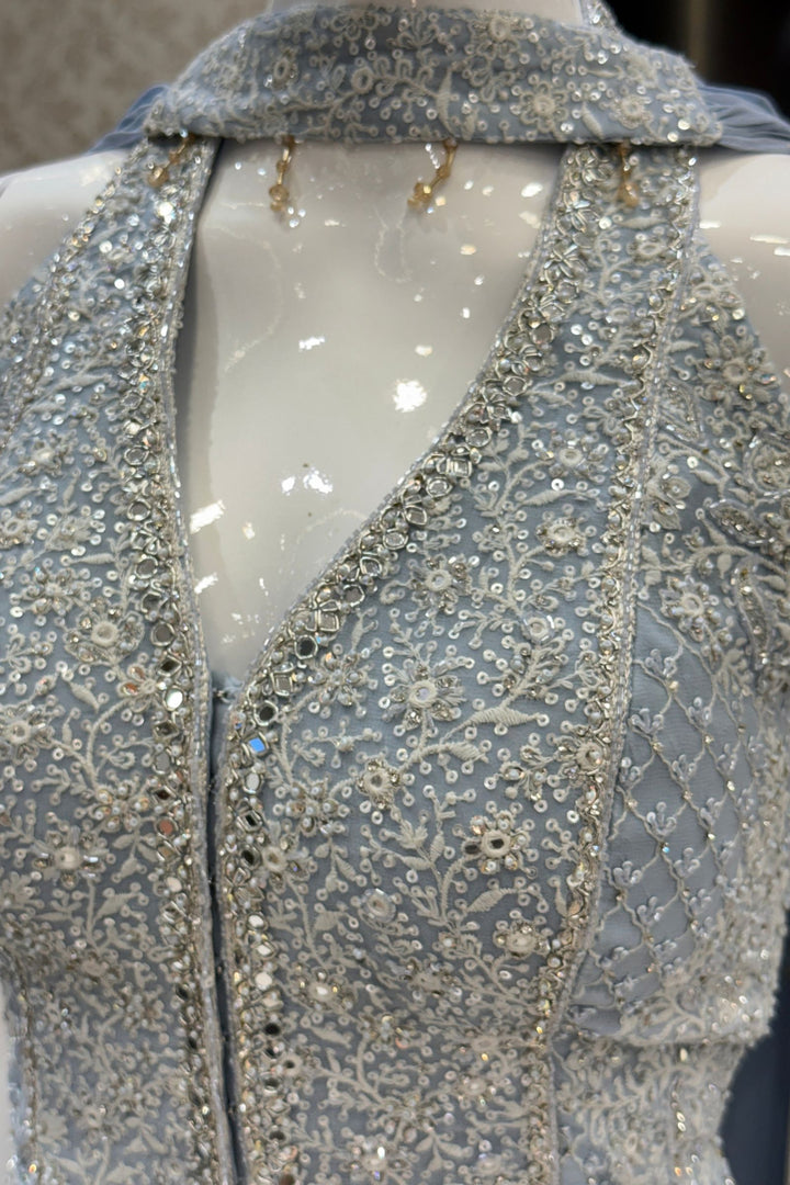 Sky Blue Halter Neck Palazzo Set with Chikankari, Beads, Sequins, Mirror and Stone Detailing