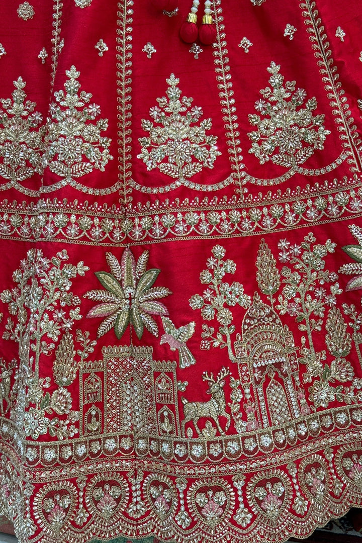 Red Beads, Zari, Zardozi, Thread and Sequins work Crop Top Designer Bridal Lehenga