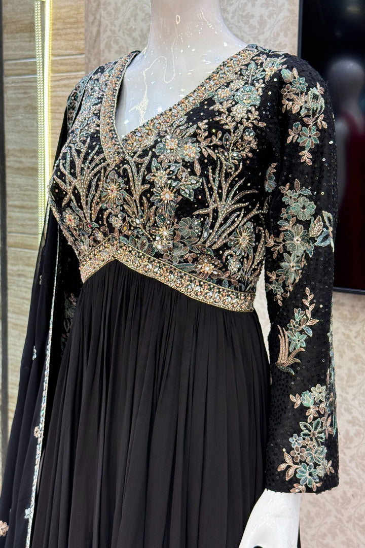 Black Embroidery, Sequins, Beads, Mirror and Stone work Floor Length Anarkali Suit
