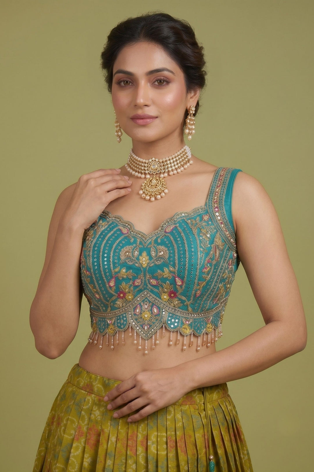 Rama Blue with Olive Green Mirror, Stone, Beads and Banaras work Lehenga