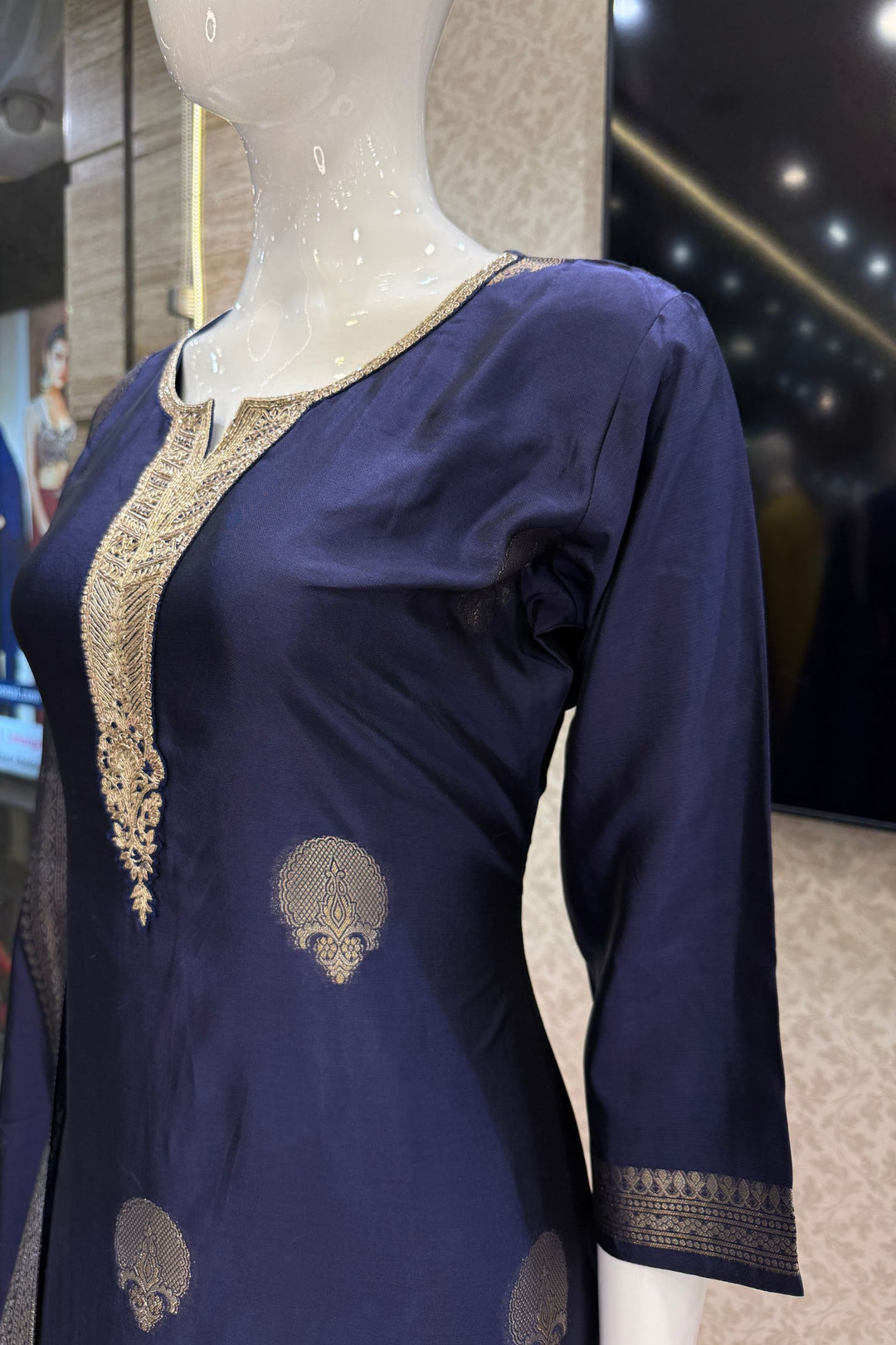Royal Blue Banaras, Zardozi, Sequins, Beads and Zari work Straight Cut Salwar Suit