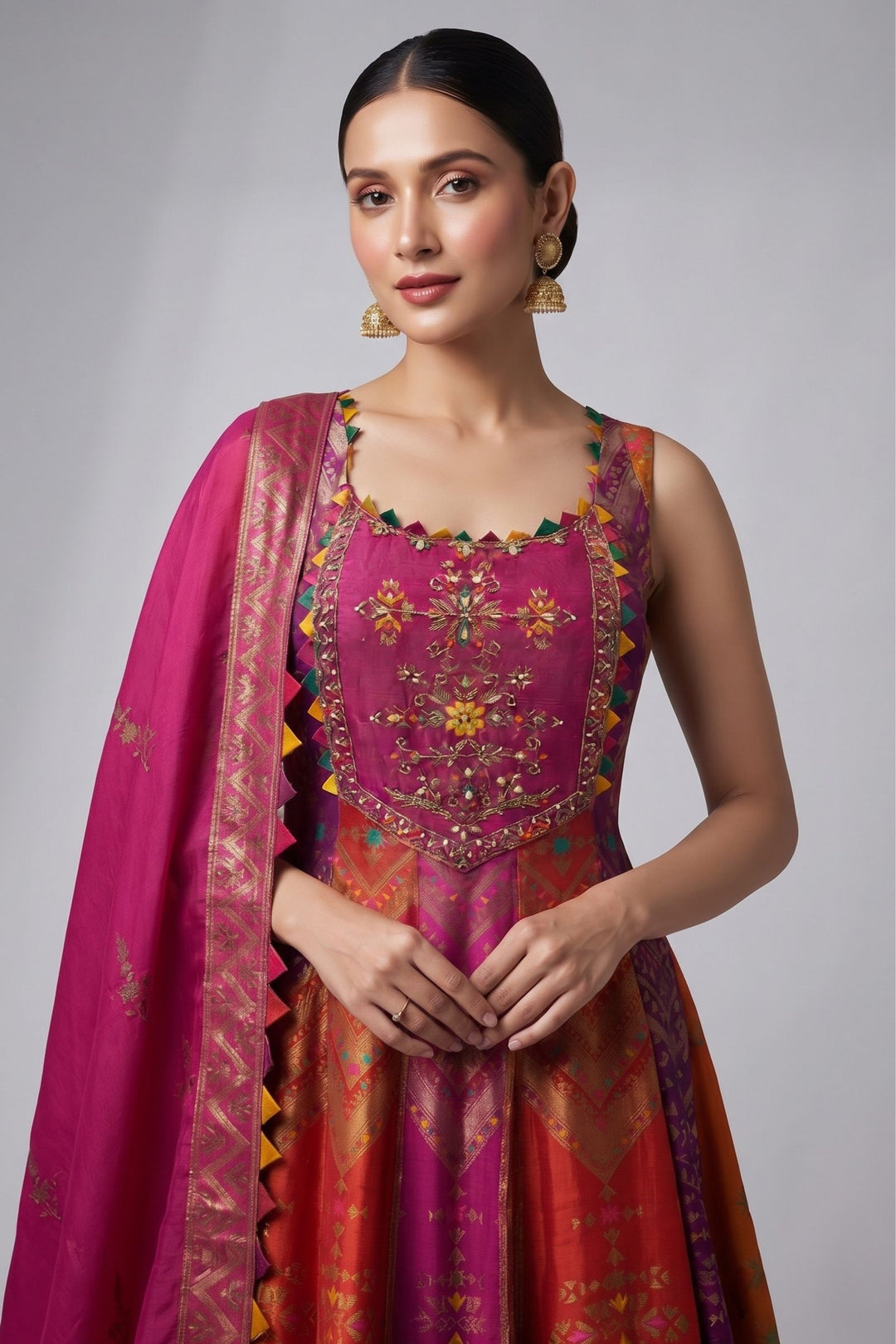 Multicolor Banaras, Zardozi and Beads work Anarkali Style Salwar Suit with Palazzo Pant