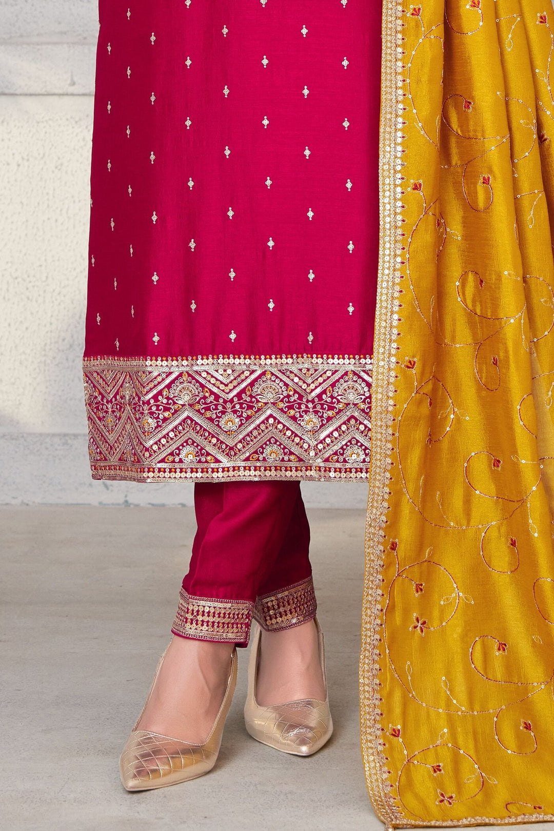 Rani Pink Sequins, Zari and Thread work Straight Cut Salwar Suit