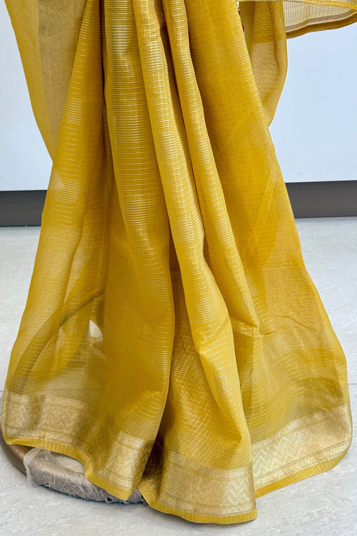 Yellow Zari work Saree with Gotapatti work Readymade Blouse