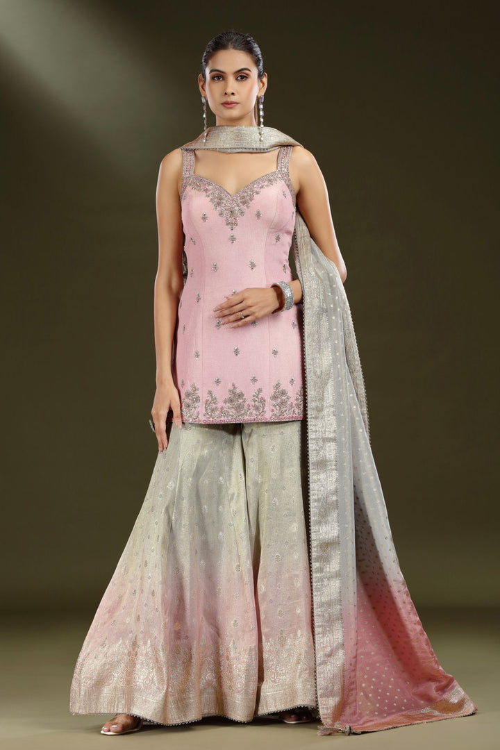 Baby Pink with Grey Mirror, Sequins, Beads, Zari, Stone and Banaras work Palazzo Salwar Suit