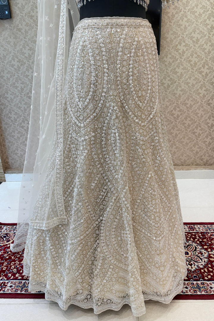 Cream Beads, Pearls and Sequins work Crop Top Designer Bridal Lehenga