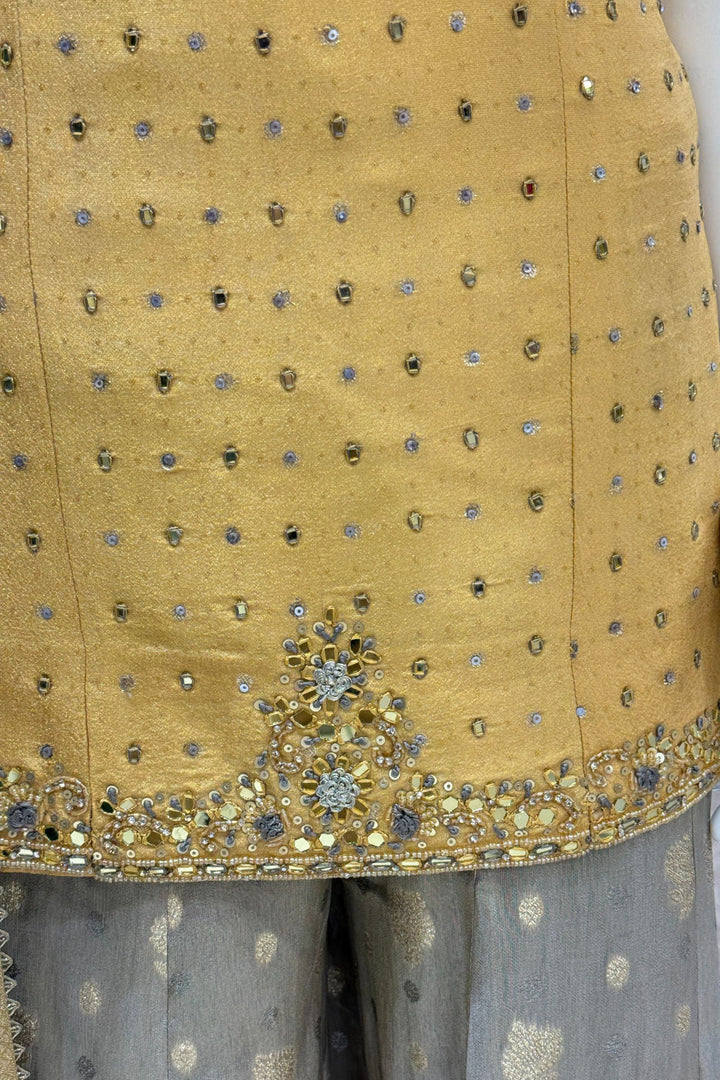 Golden Yellow with Grey Mirror, Sequins, Zari, beads and Banaras work Palazzo Salwar Suit