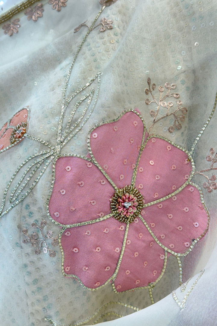 Elegant Cream Organza Saree with Pink Handcrafted Floral Applique